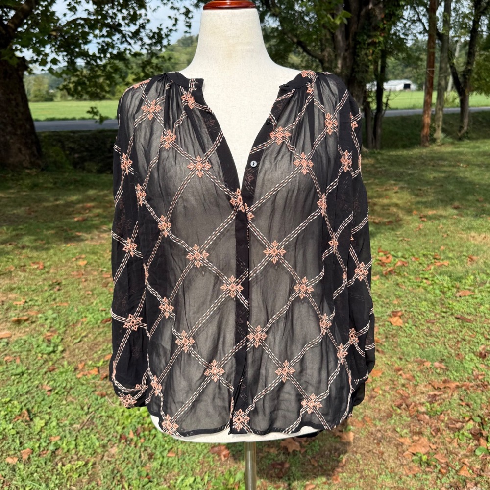 Johnny Was JADE Black Embroidered Sheer Rayon Blouse XL L10022-8 Boho Top